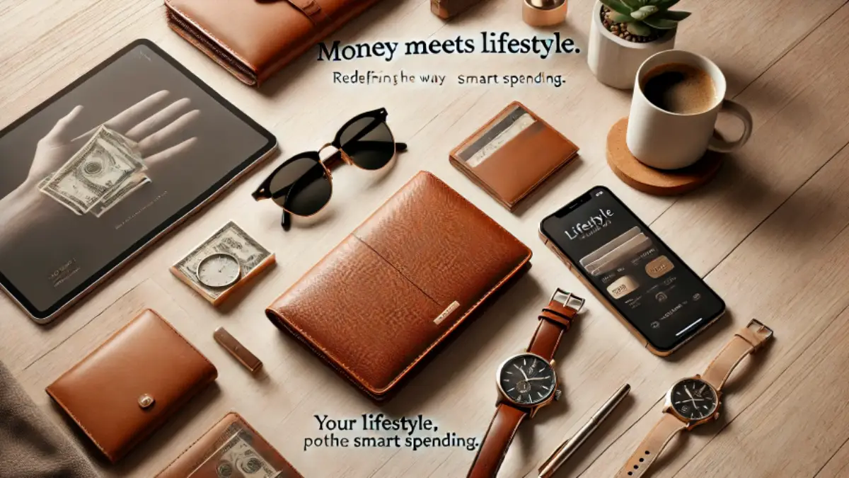 Stylish leather wallet placed on a wooden surface with smartphone, sunglasses, coffee cup, and watch, representing a modern smart lifestyle.