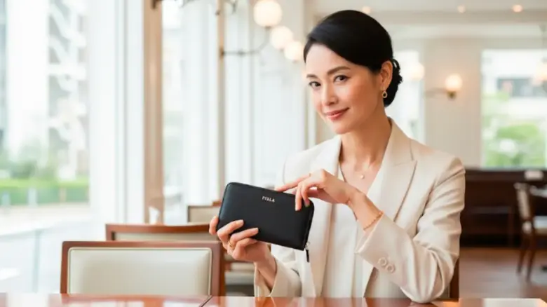 おしゃれなカフェで黒いフルラの財布を手に持ち、微笑むセンスのいい40代女性