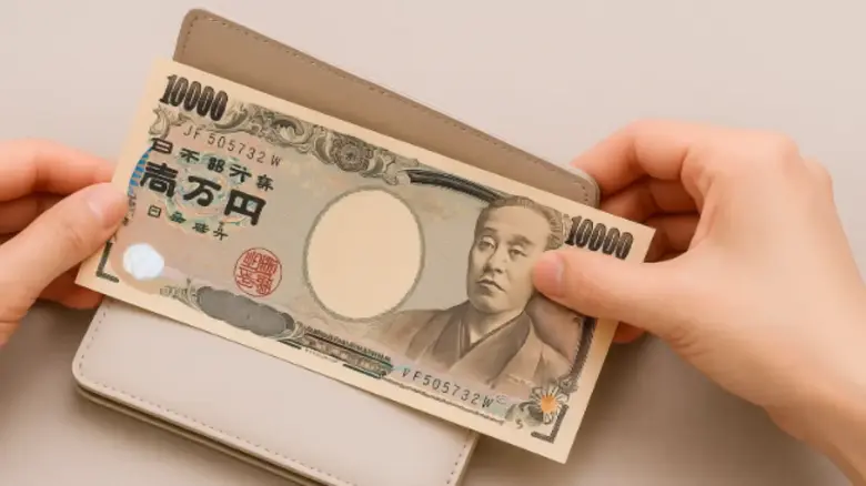ミニマルな財布に1万円札を折らずに差し込む様子を真上から撮影した画像