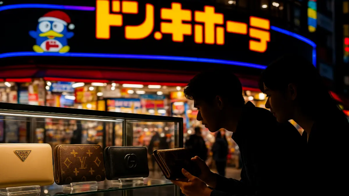 ドンキホーテ ブランド財布 夜景イメージ 夜のドンキホーテ店舗前でガラスケースに並ぶブランド財布を見比べる若い男女のシルエット