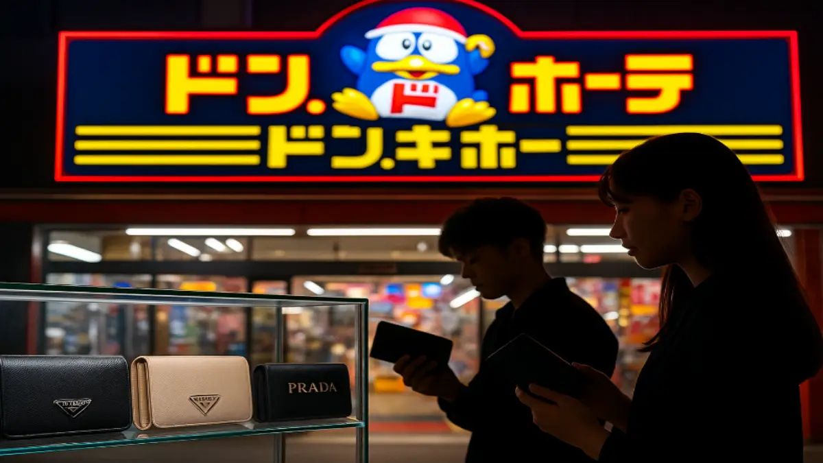 ドンキホーテ プラダ 財布の店舗イメージ 夜のドンキホーテ店舗の前で、ガラスケースに並ぶプラダの財布を見比べる男女のシルエット