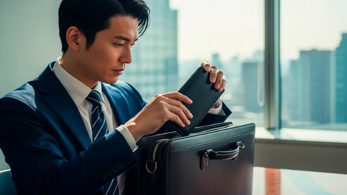 長財布をビジネスバッグから取り出す男性の手元。オフィスの自然光で上質感を表現