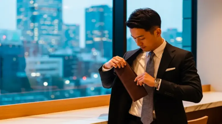 日本のビジネスと長財布の相性 日本のビジネスシーンで長財布を使う男性。スーツの内ポケットから紙幣を折らずに取り出す所作