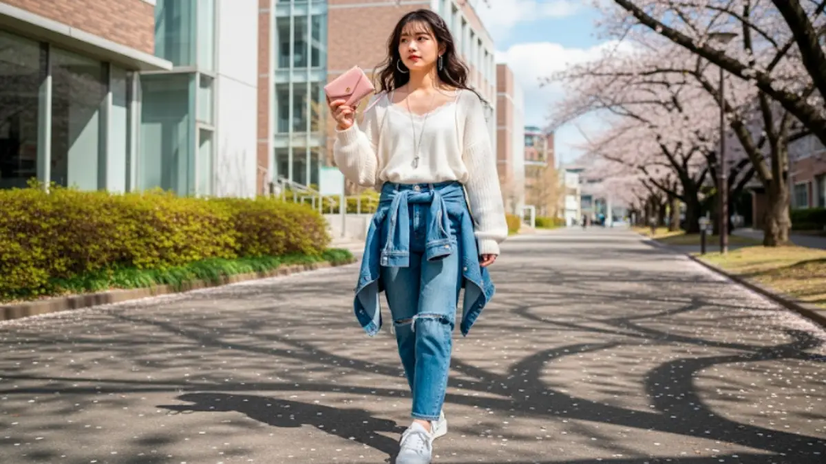 春のキャンパスでサマンサタバサ二つ折り財布を持つ女子大学生