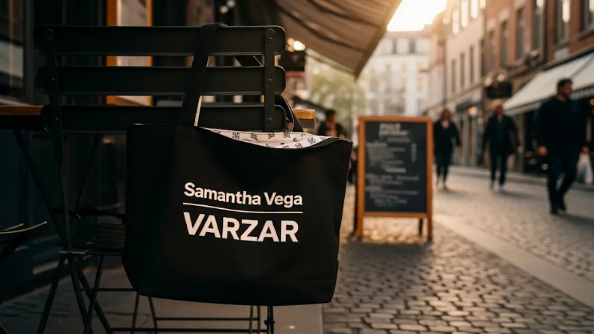 Samantha VegaとVARZARのコラボトートバッグ。黒地にロゴが映え、カジュアルな街歩きスタイルにぴったりのデザイン