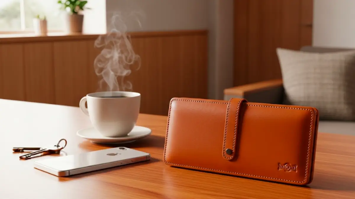 木製デスクに置かれた長財布とコーヒーとスマホ