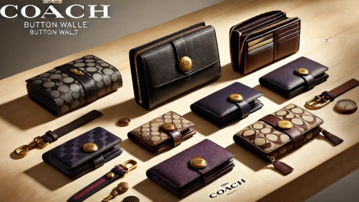 COACHボタン財布ラインナップ比較 COACHボタン財布のラインナップ画像。ブラック、パープル、ベージュ、ネイビー、シグネチャー柄を木製テーブルに整列