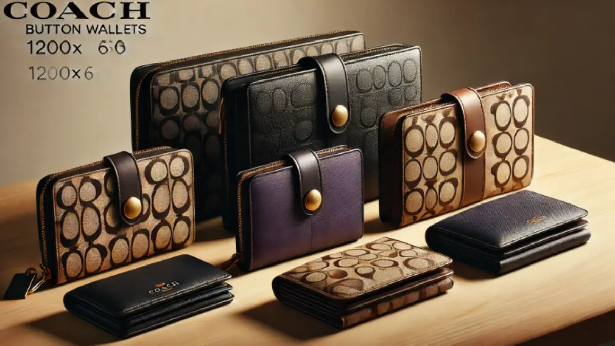 COACHボタン財布おすすめモデルを比較 COACHボタン財布を並べた商品ラインナップ画像。ブラック、パープル、ベージュ、ネイビー、シグネチャー柄を木製テーブルに配置
