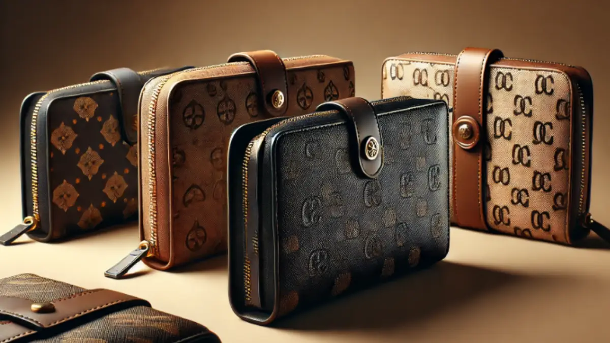 COACHの財布プロダクトショーケース|横長バナー 木目のテーブルにCOACHの財布を整然と配置。黒レザー二つ折り、ブラウンのシグネチャー柄、ベージュのボタン式コンパクト、ネイビーのメンズモデルを明るい自然光で撮影