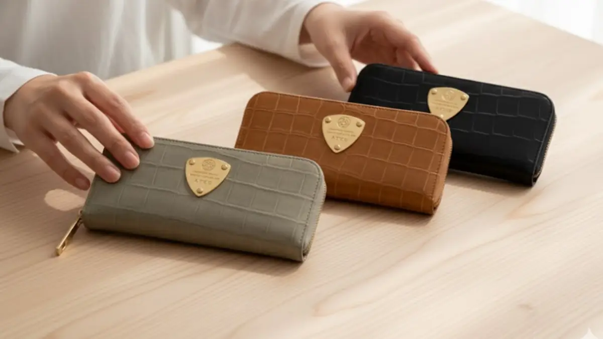 ATAO財布 カラー比較/人気色を並べて見る アタオ財布のカラー比較(グレージュ・キャメル・ブラック)手元クローズアップ写真