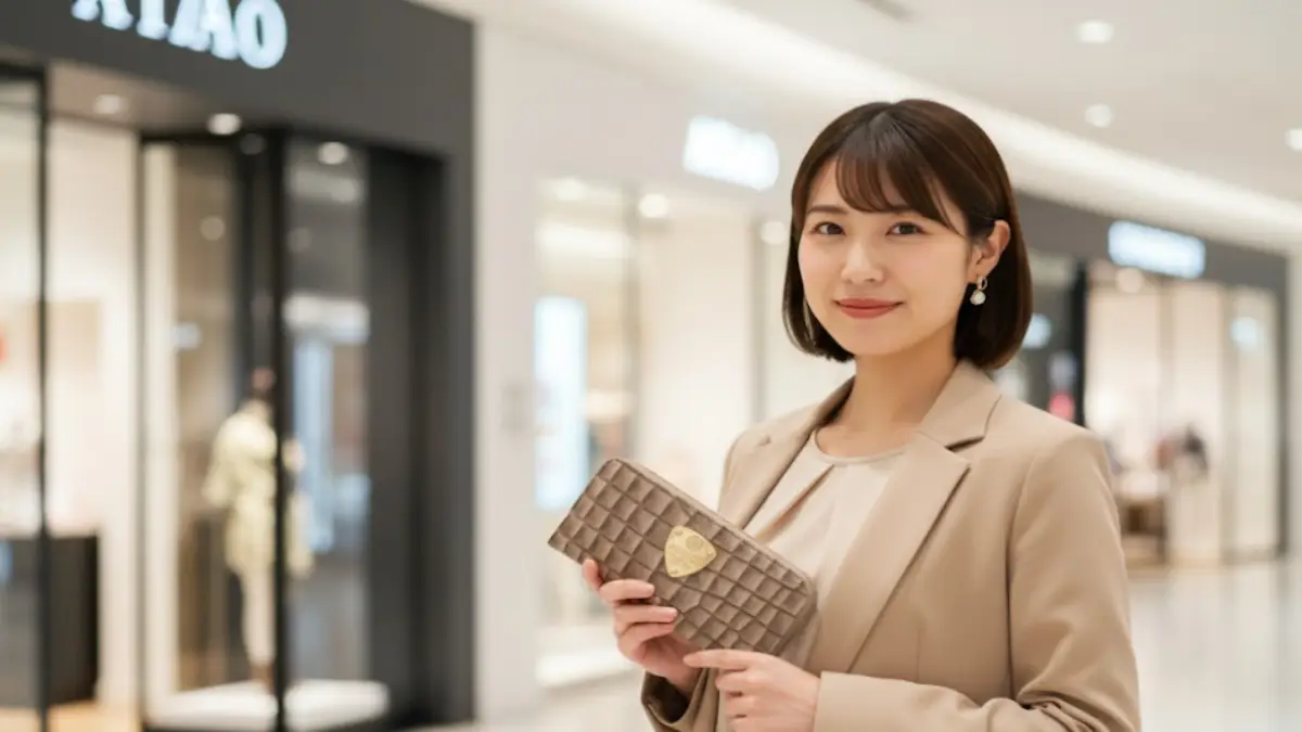 ATAOグレージュ財布|街歩きコーデに合う上品カラー ATAOのグレージュ財布を手に街歩きを楽しむ女性のショッピングシーン写真