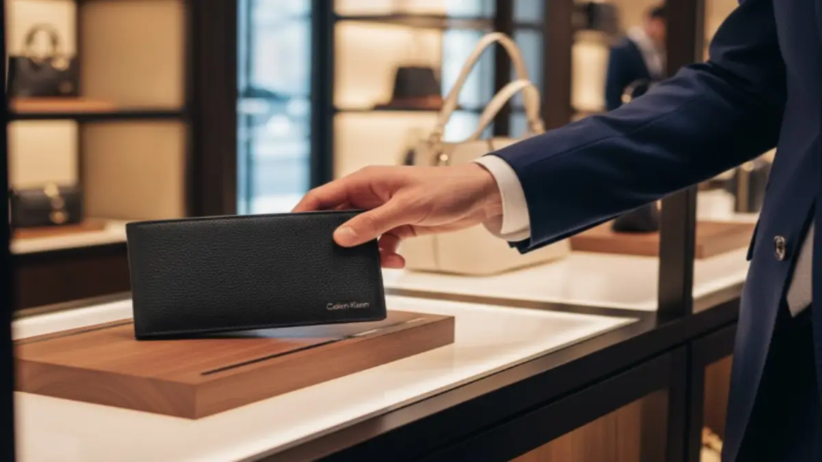 カルバンクライン財布が並ぶ公式ショップのディスプレイケース。洗練された空間と財布の質感が際立つ店内風景。