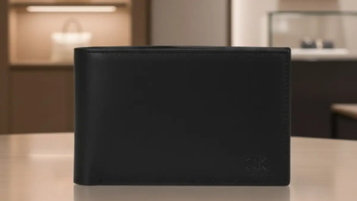 カルバンクライン財布を陳列した店内ディスプレイ。ガラス棚と柔らかな照明が上品な雰囲気を演出する高級感ある構図。