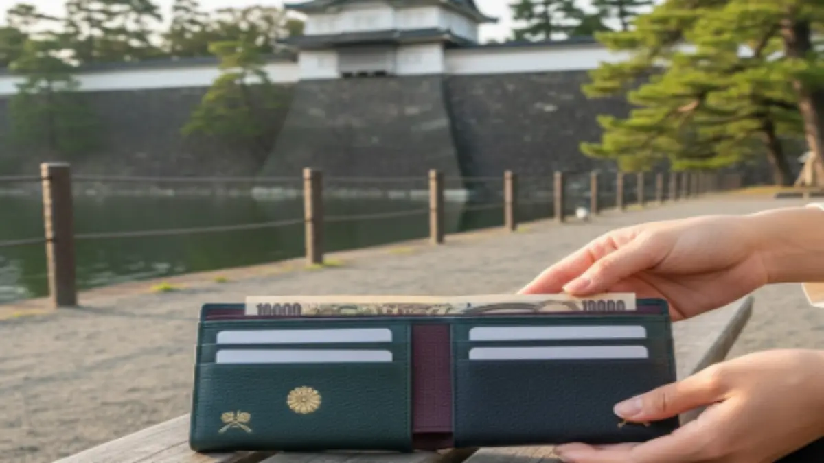 皇居のお堀を見下ろす木製のベンチに置かれた長財布。柔らかい自然光の下で、幸運と職人技を象徴しているワイドなシネマティックフレームの画像