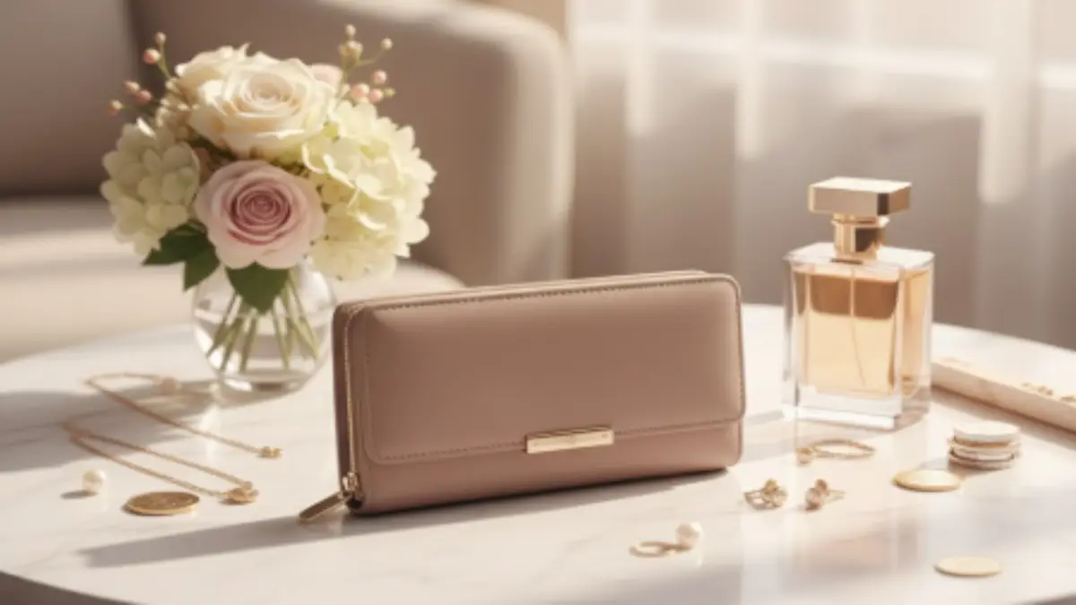ピンクベージュの財布を花と香水で飾った上品なフラットレイ構図。風水で安定した金運と愛情運を象徴する