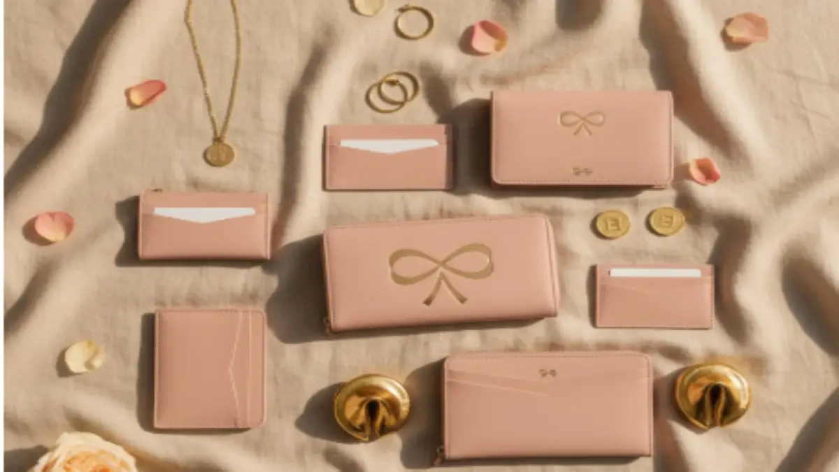 暖かい日差しの中でピンクの財布を手にする女性。風水で恋愛運と金運を高める幸運のイメージ。