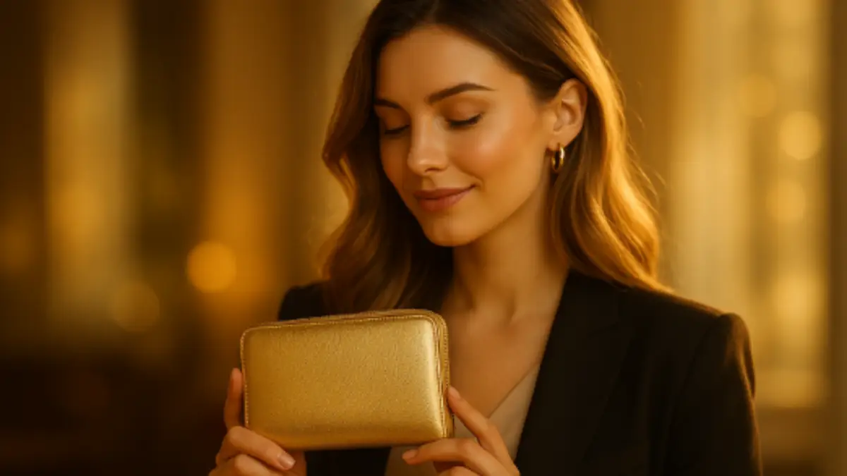 2026年 財布色 風水2026 ゴールド財布で金運アップ 2026年の風水で金運と繁栄を象徴するゴールドの財布を手に持つ女性。暖かい光が輝きを引き立てる構図。