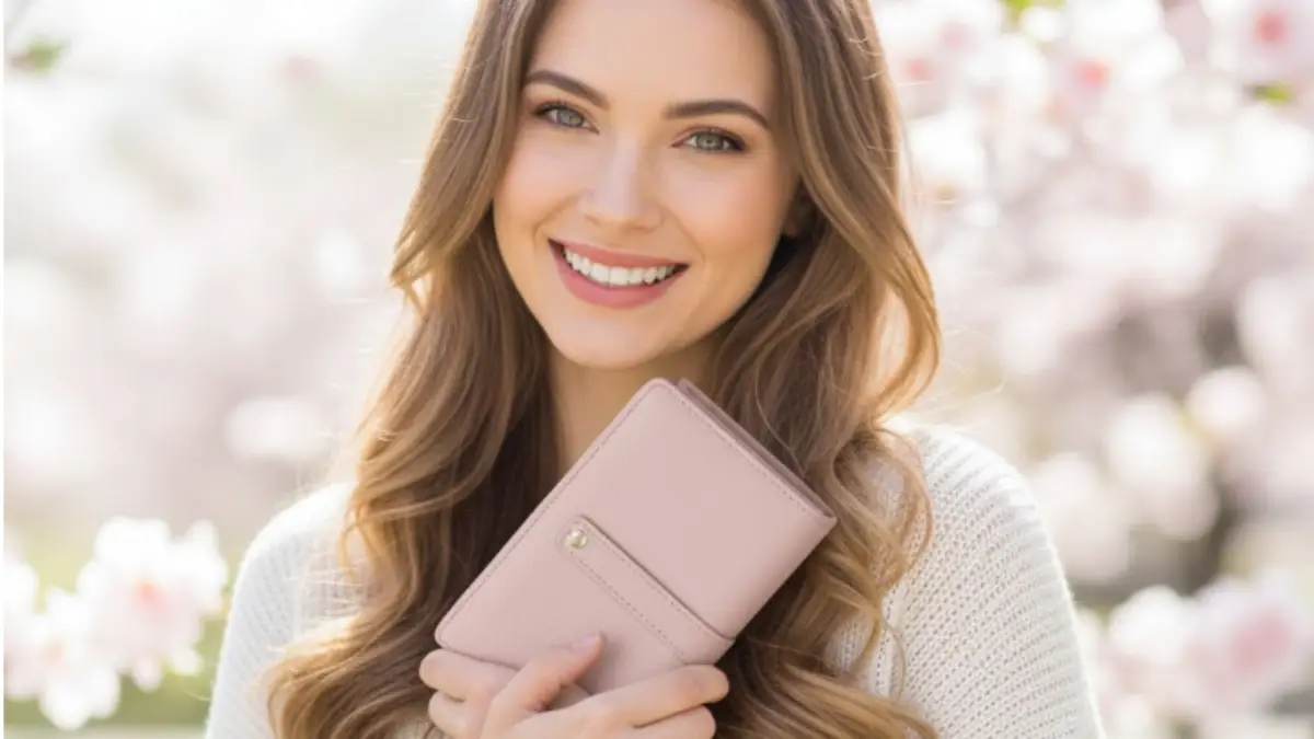 2026年 財布色 風水2026 ピンク財布で愛情運アップ 2026年の風水ラッキーカラーであるピンクの財布を持つ女性。明るい自然光と花を背景に、愛情・良縁・対人運を象徴する柔らかく女性らしい雰囲気。
