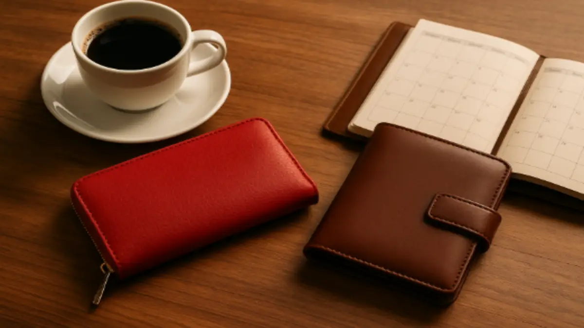 2026年 財布色 風水2026 赤ブラウン財布で行動力アップ 2026年の風水に基づく赤とブラウンの財布を、コーヒーとプランナーのある木製デスク上で女性が手に持っている写真。行動力・創造力・金運の流れを象徴する暖かい光とレザーの質感。