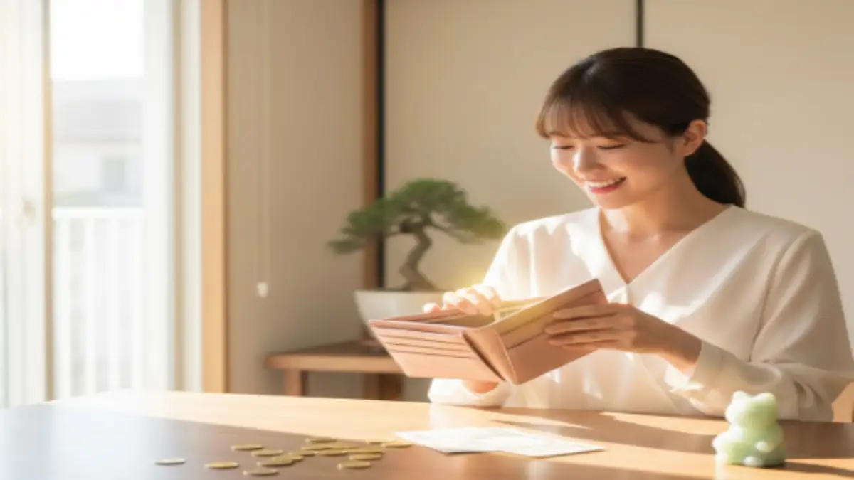 明るい室内でピンクの財布を手に開く女性。風水的に金運と恋愛運が上昇する瞬間をイメージする