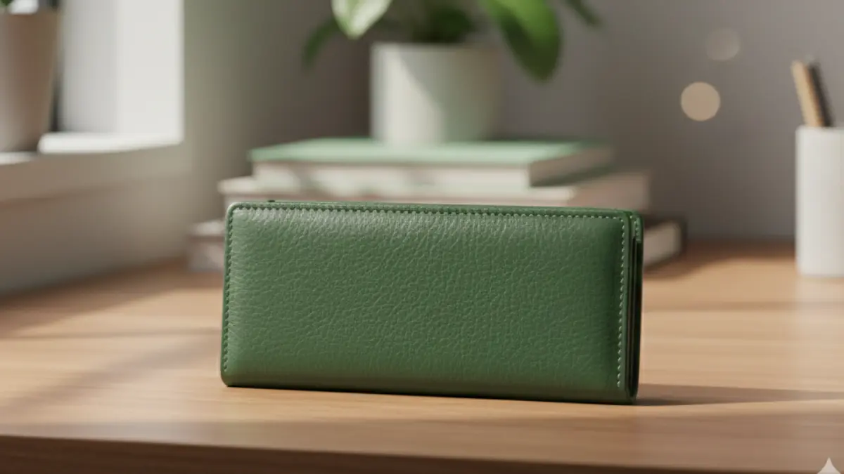 夢占い財布色で安定や再生の象徴とされる緑の長財布のイメージ写真