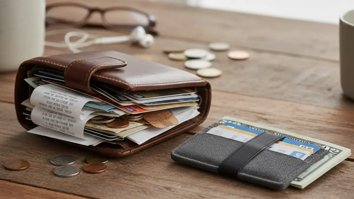 財布を使い分ける前後の違い 中身が多く膨らんだ財布と、整理された薄い財布を並べた比較イメージ