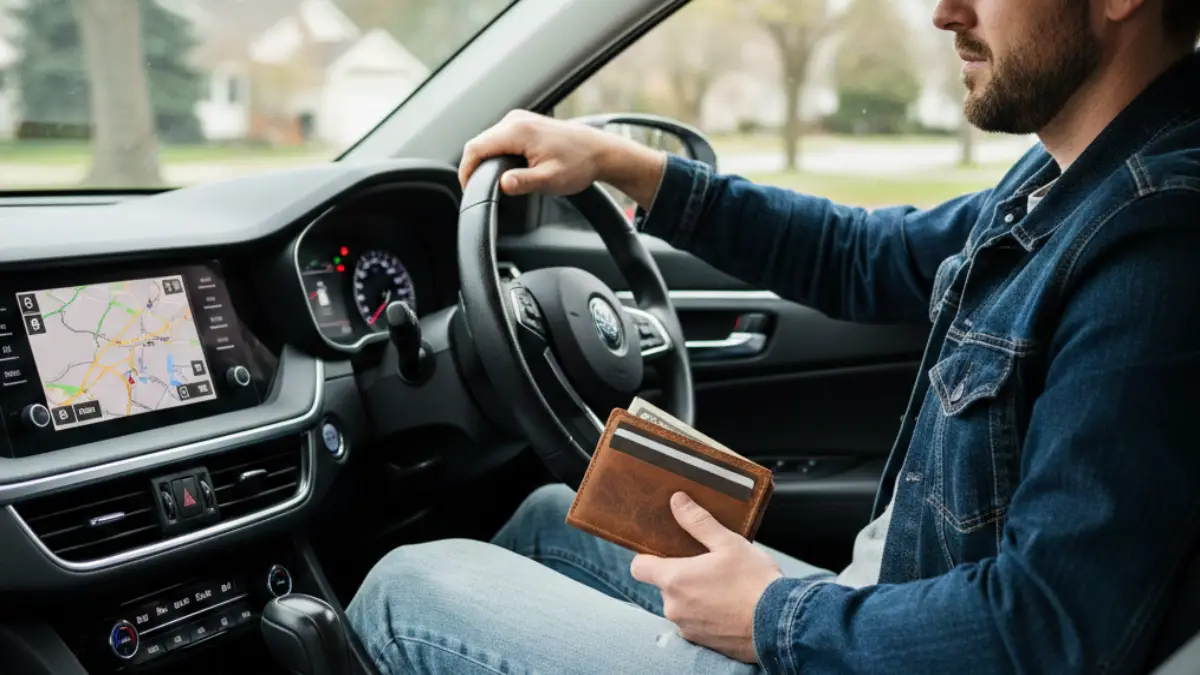 車社会と二つ折り財布の関係 車内で二つ折り財布を使うアメリカ人男性のイメージ
