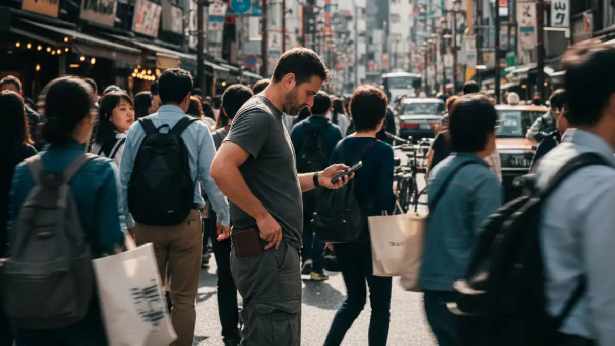 後ろポケットと防犯リスク 混雑した街中で財布を後ろポケットに入れる男性の様子