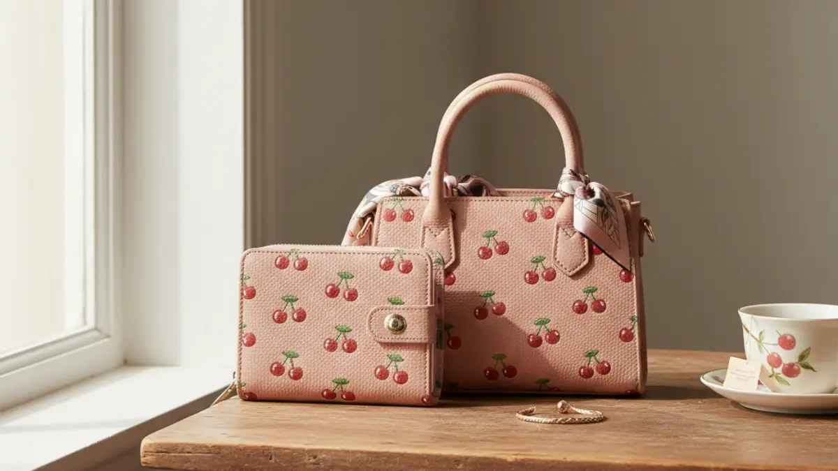 ミニバッグに収まるグッチ 財布 さくらんぼのコンパクトなサイズ感をイメージできる写真