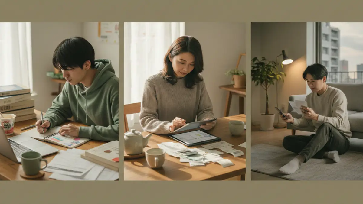 学生主婦一人暮らしがそれぞれ支出を確認しているイメージ