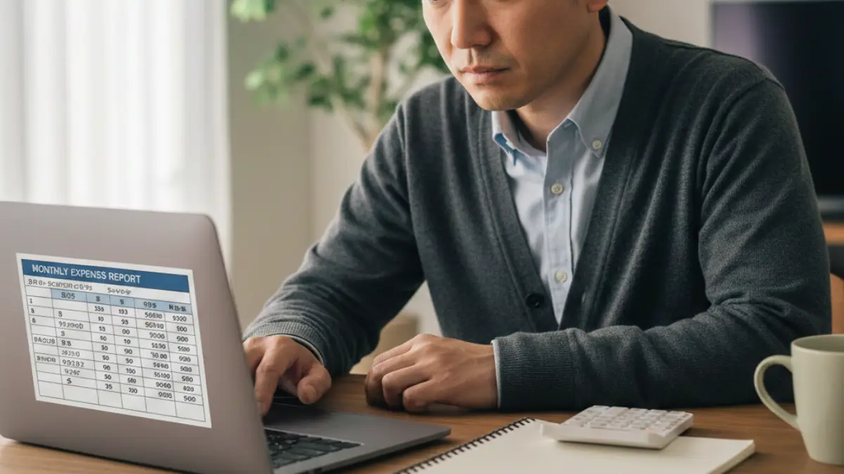 月の支出内訳を見直し浪費傾向を分析する人物