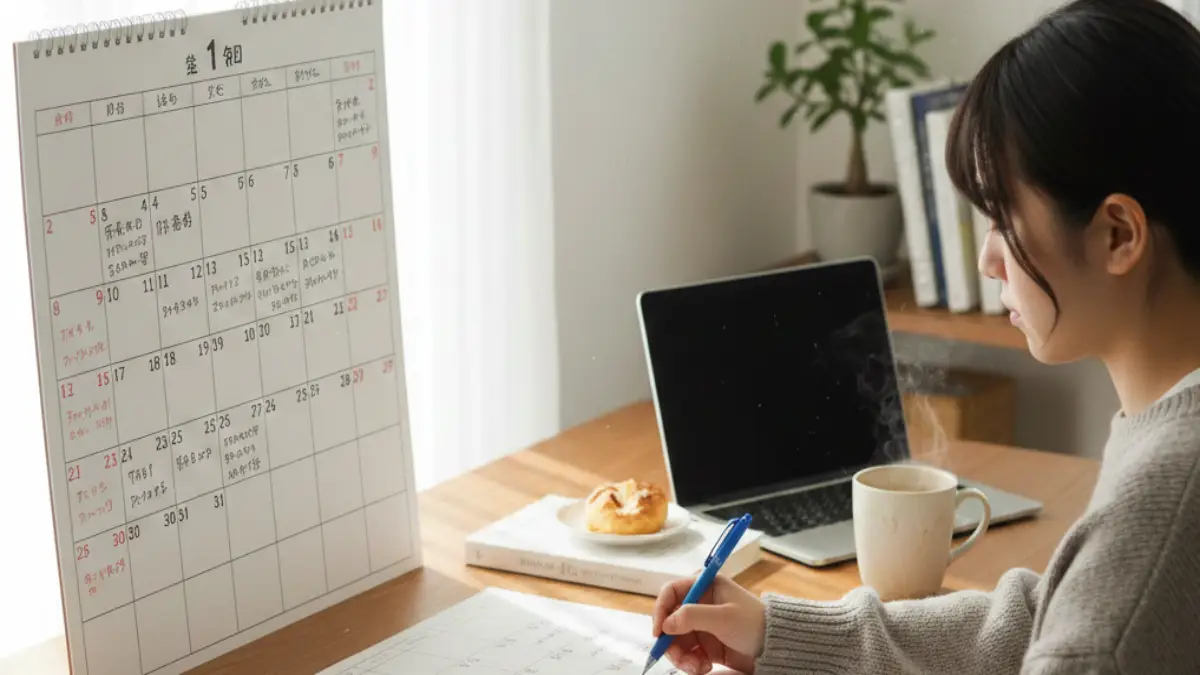 大学生がカレンダーでアルバイトのシフトを調整している様子
