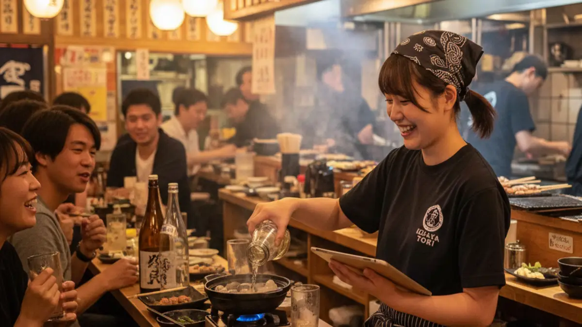 居酒屋でアルバイトをしている大学生スタッフの様子