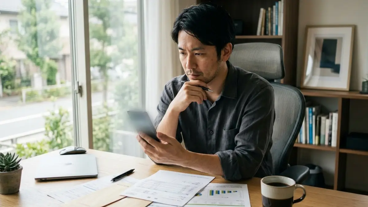 お金の使い方性格を支出習慣で把握 日本人男性がスマートフォンで銀行アプリを確認し、支出習慣を見直している様子